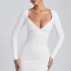 Vestido corto de manga larga con fruncidos de modal Sana en blanco Vestido corto de manga larga con fruncidos de modal Sana en blanco