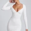 Vestido corto de manga larga con fruncidos de modal Sana en blanco Vestido corto de manga larga con fruncidos de modal Sana en blanco