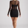 Vestido corto de manga larga con paneles transparentes Essie en negro