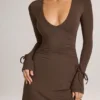 Vestido corto de manga larga Iskra Modal en marrón chocolate Vestido corto de manga larga Iskra Modal en marrón chocolate