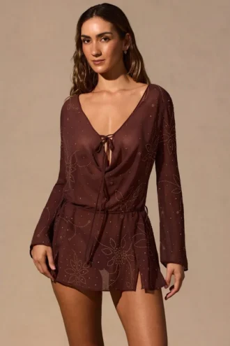 Vestido corto de manga larga Meilani en marrón espresso