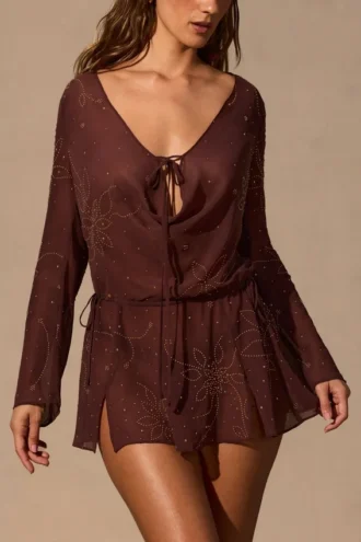 Vestido corto de manga larga Meilani en marrón espresso