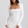 Vestido corto de modal acanalado con ribete de encaje Lana en blanco Vestido corto de modal acanalado con ribete de encaje Lana en blanco