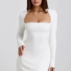 Vestido corto de modal acanalado con ribete de encaje Lana en blanco Vestido corto de modal acanalado con ribete de encaje Lana en blanco
