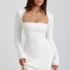 Vestido corto de modal acanalado con ribete de encaje Lana en blanco Vestido corto de modal acanalado con ribete de encaje Lana en blanco
