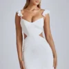 Vestido corto de satén con aberturas Rialta en marfil
