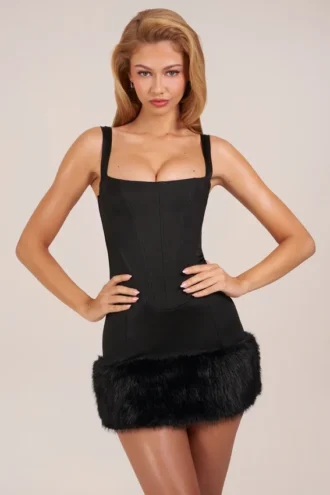 Vestido corto de satén con cuello cuadrado, corsé y pelo sintético Rixelle en negro