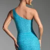 Vestido corto de un solo hombro con adornos Zahira en azul aguamarina