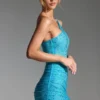 Vestido corto de un solo hombro con adornos Zahira en azul aguamarina