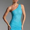 Vestido corto de un solo hombro con adornos Zahira en azul aguamarina
