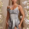 Vestido corto drapeado con cuello en A Aspen en estampado gris Vestido corto drapeado con cuello en A Aspen en estampado gris