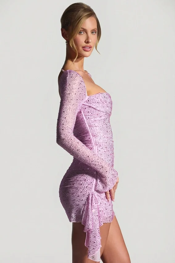 Vestido corto drapeado con cuello vuelto y adornos Marilla en rosa peonía Vestido corto drapeado con cuello vuelto y adornos Marilla en rosa peonía