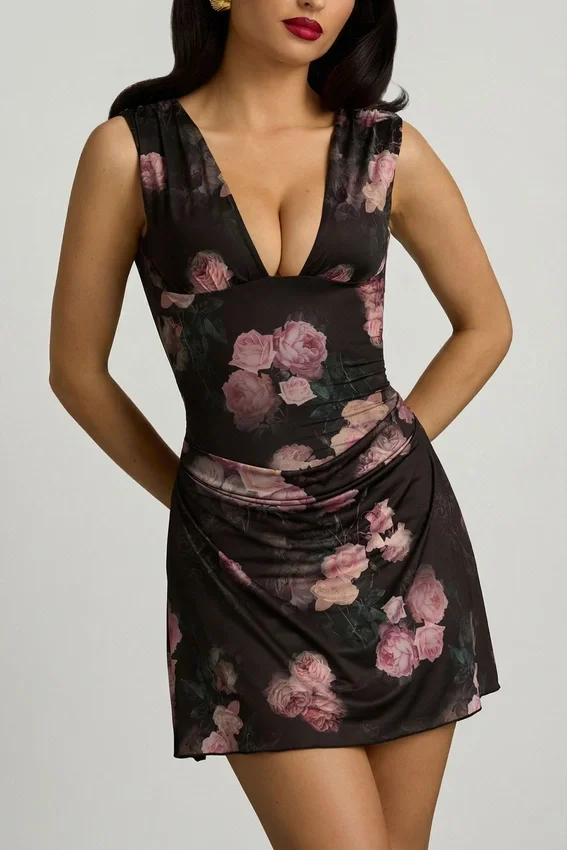 Vestido corto drapeado con espalda abierta y corte en A de Nalini con estampado floral negro Vestido corto drapeado con espalda abierta y corte en A de Nalini con estampado floral negro