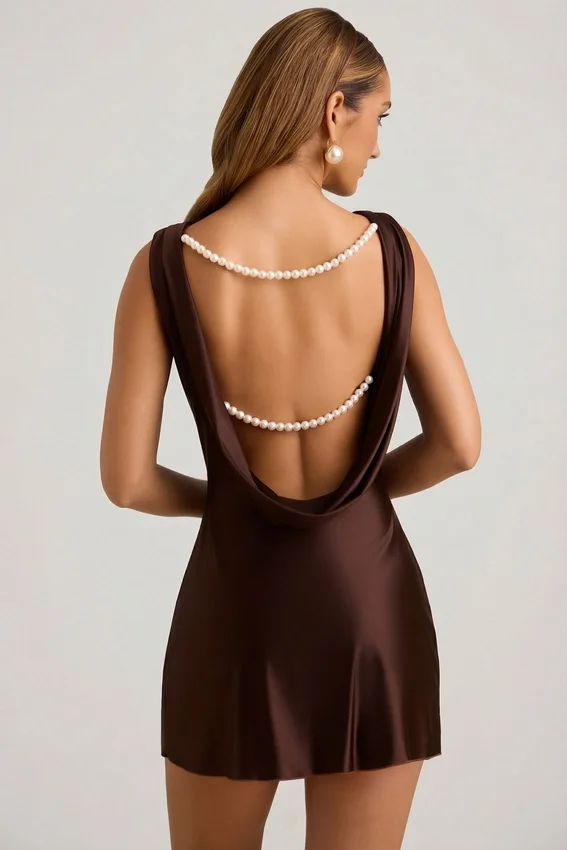 Vestido corto drapeado con espalda abierta y corte en A Monnie en marrón chocolate Vestido corto drapeado con espalda abierta y corte en A Monnie en marrón chocolate