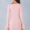 Vestido corto drapeado de manga larga con canalé de modal Helena en rosa palo Vestido corto drapeado de manga larga con canalé de modal Helena en rosa palo