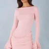 Vestido corto drapeado de manga larga con canalé de modal Helena en rosa palo Vestido corto drapeado de manga larga con canalé de modal Helena en rosa palo