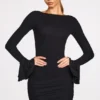 Vestido corto drapeado de manga larga en modal acanalado Helena en negro Vestido corto drapeado de manga larga en modal acanalado Helena en negro