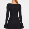 Vestido corto drapeado de manga larga en modal acanalado Helena en negro Vestido corto drapeado de manga larga en modal acanalado Helena en negro