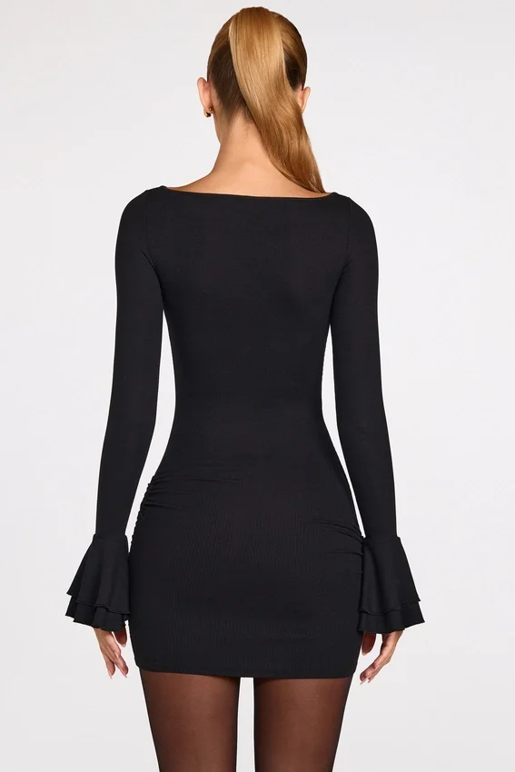 Vestido corto drapeado de manga larga en modal acanalado Helena en negro Vestido corto drapeado de manga larga en modal acanalado Helena en negro
