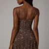 Vestido corto Durrani con cuello redondo y adornos transparentes en color cacao intenso Vestido corto Durrani con cuello redondo y adornos transparentes en color cacao intenso