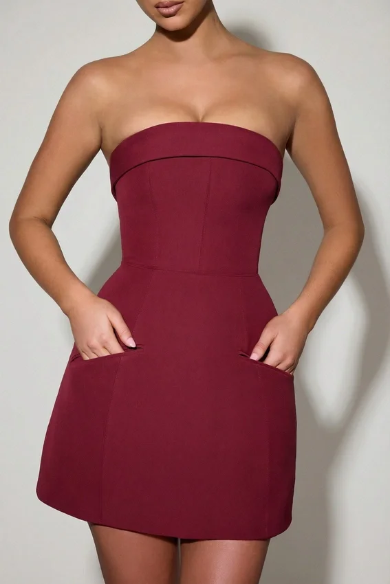 Vestido corto estructurado de corte A sin tirantes con cuello vuelto de Taia en rojo vino Vestido corto estructurado de corte A sin tirantes con cuello vuelto de Taia en rojo vino