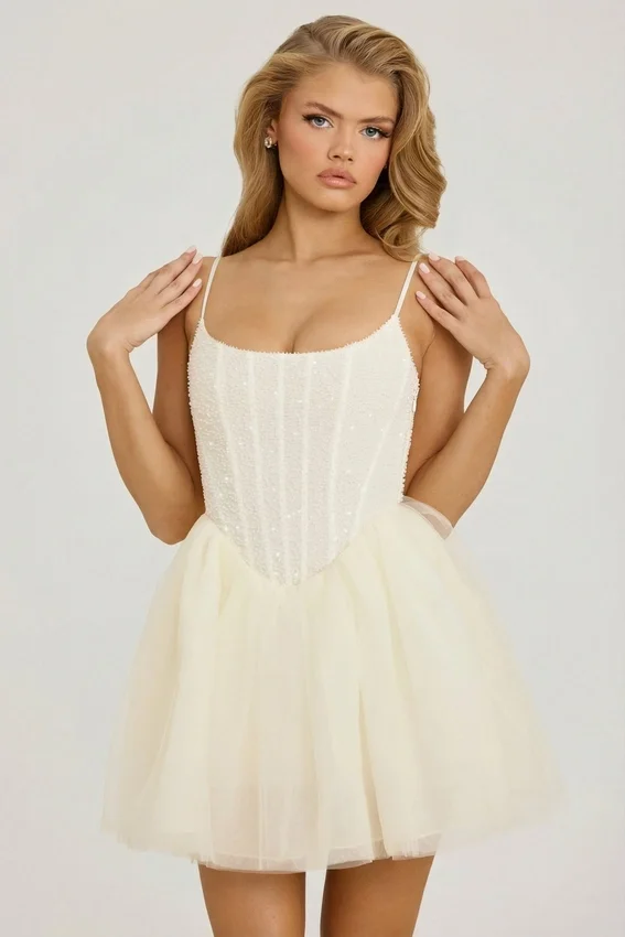 Vestido corto Eugenie con falda de tul y corsé adornado en blanco Vestido corto Eugenie con falda de tul y corsé adornado en blanco