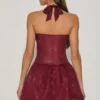 Vestido corto Felicity con cuello halter y bajo abullonado, con adornos, en rojo vino Vestido corto Felicity con cuello halter y bajo abullonado, con adornos, en rojo vino