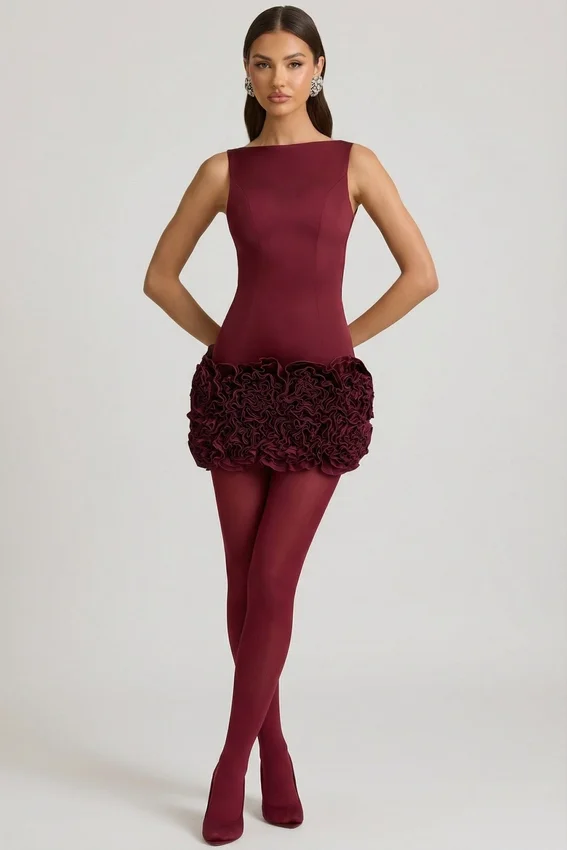 Vestido corto Florrie de satén con apliques florales y espalda abierta en rojo vino Vestido corto Florrie de satén con apliques florales y espalda abierta en rojo vino