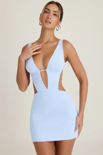 Vestido corto Gaia con corte en A y aberturas en azul pervinca