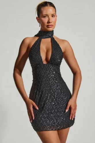 Vestido corto Henrietta con cuello halter y detalle de pañuelo adornado en negro