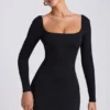 Vestido corto Hope de modal con cuello cuadrado y manga larga en negro Vestido corto Hope de modal con cuello cuadrado y manga larga en negro