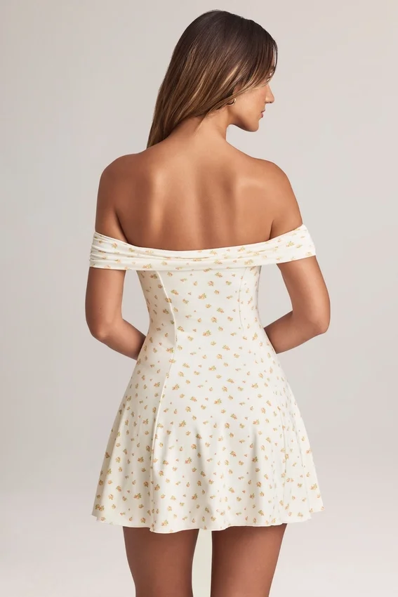 Vestido corto Jaida Modal con hombros descubiertos y corte en A con estampado floral Vestido corto Jaida Modal con hombros descubiertos y corte en A con estampado floral