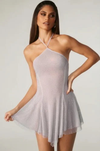 Vestido corto Juni con cordones y adornos en la espalda, color plateado