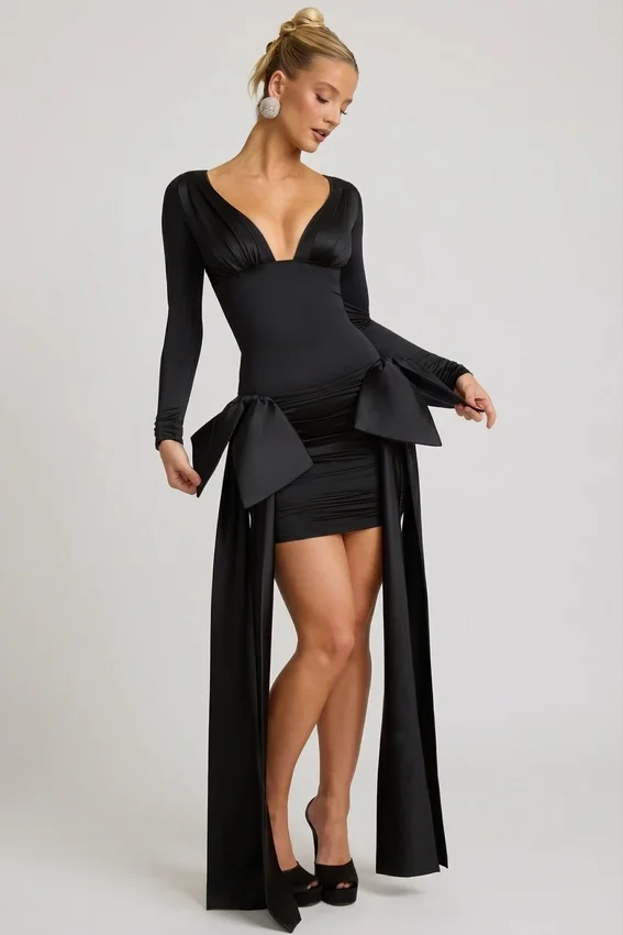 Vestido corto Karelyn con detalle de lazo y fruncido en negro Vestido corto Karelyn con detalle de lazo y fruncido en negro