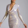 Vestido corto Layla de jersey metalizado de manga larga en dorado claro Vestido corto Layla de jersey metalizado de manga larga en dorado claro