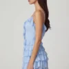 Vestido corto Lolina con volantes y cordones en corte A, color azul polvo Vestido corto Lolina con volantes y cordones en corte A, color azul polvo