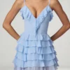Vestido corto Lolina con volantes y cordones en corte A, color azul polvo Vestido corto Lolina con volantes y cordones en corte A, color azul polvo