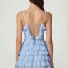 Vestido corto Lolina con volantes y cordones en corte A, color azul polvo Vestido corto Lolina con volantes y cordones en corte A, color azul polvo