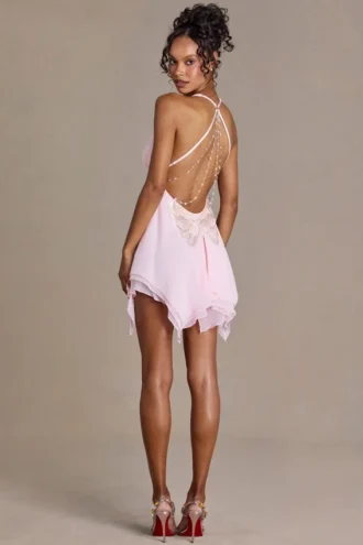 Vestido corto Mariette de gasa de primera calidad con escote pronunciado y espalda abierta en rosa bebé