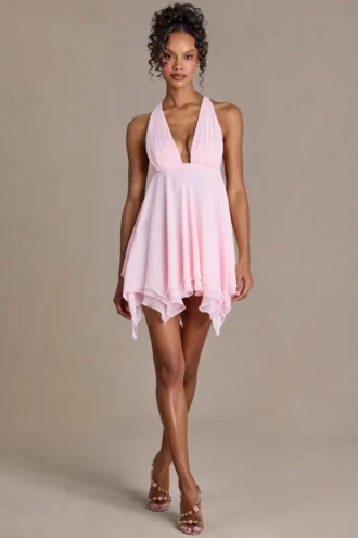 Vestido corto Mariette de gasa de primera calidad con escote pronunciado y espalda abierta en rosa bebé
