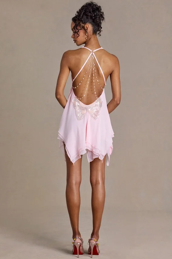 Vestido corto Mariette de gasa de primera calidad con escote pronunciado y espalda abierta en rosa bebé Vestido corto Mariette de gasa de primera calidad con escote pronunciado y espalda abierta en rosa bebé