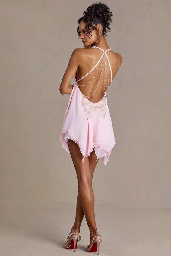 Vestido corto Mariette de gasa de primera calidad con escote pronunciado y espalda abierta en rosa bebé Vestido corto Mariette de gasa de primera calidad con escote pronunciado y espalda abierta en rosa bebé