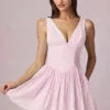 Vestido corto Marissa de corte A con lazo en rayas malva suave