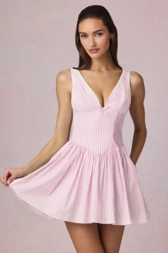 Vestido corto Marissa de corte A con lazo en rayas malva suave