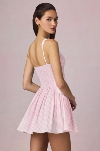 Vestido corto Marissa de corte A con lazo en rayas malva suave