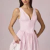 Vestido corto Marissa de corte A con lazo en rayas malva suave