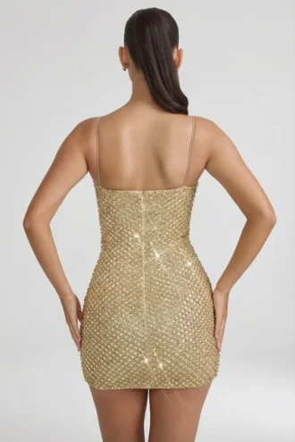 Vestido corto Mischa con cuello corazón y adornos en dorado