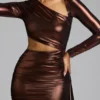 Vestido corto Nasira de jersey metalizado con aberturas en color bronce cobrizo Vestido corto Nasira de jersey metalizado con aberturas en color bronce cobrizo