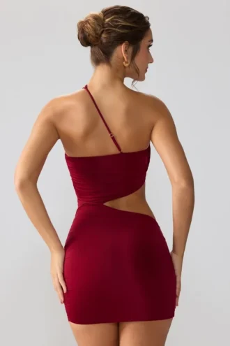 Vestido corto Shyla de jersey elástico con fruncidos y aberturas en color rubí