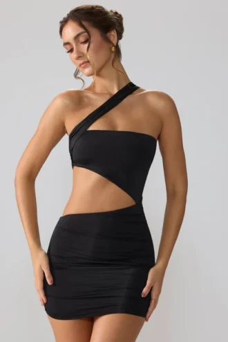 Vestido corto Shyla de jersey elástico con fruncidos y aberturas en negro